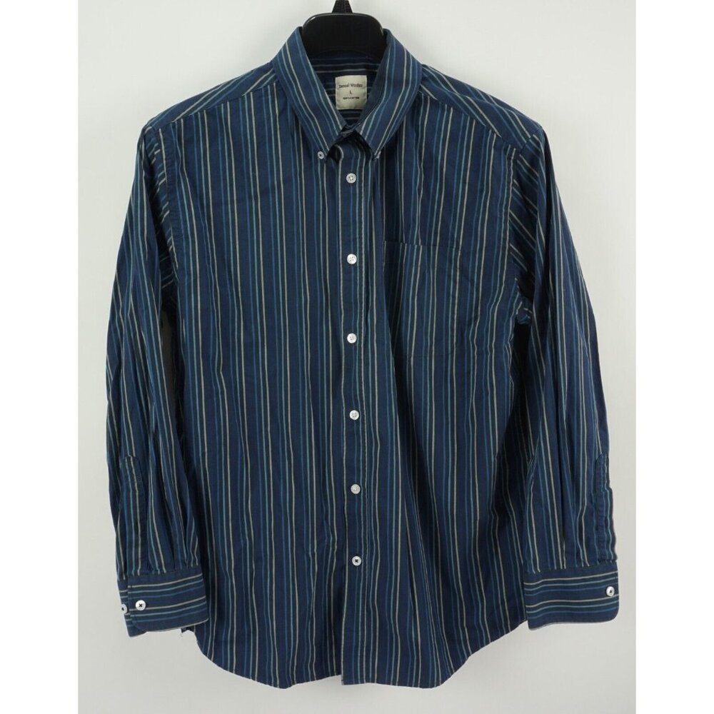 Samuel Windsor Men Large Long Sleeve Blue White Striped Cotton Button Down Shirt